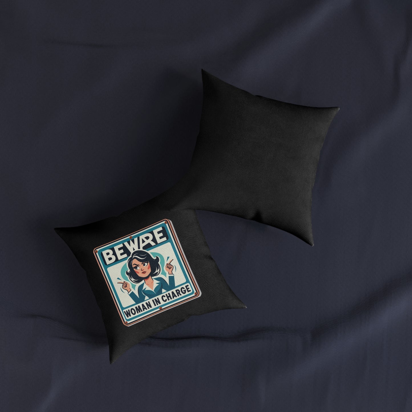 Beware Woman In Charge (Retro 70s - Black) - Square Pillow