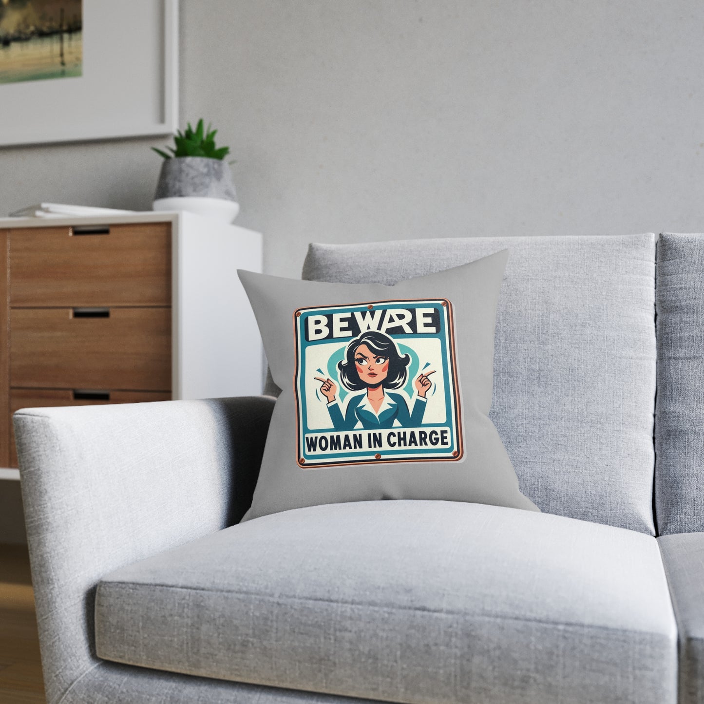 Beware Woman In Charge (Retro 70s - Light Gray) - Square Pillow