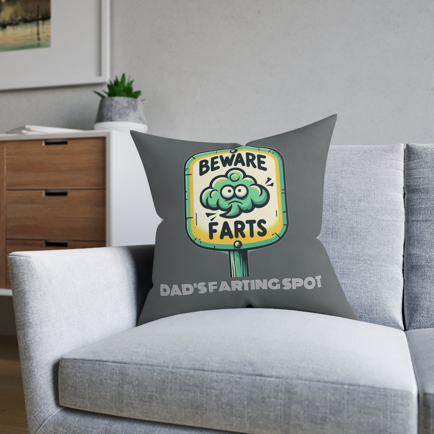 Beware Farts Dad's Farting Spot (Dark Gray) - Square Pillow