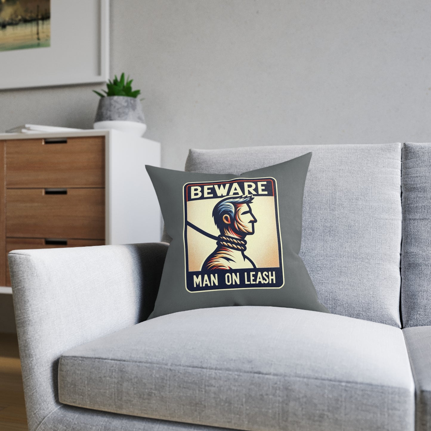 Beware Man On Leash (Dark Gray) - Square Pillow
