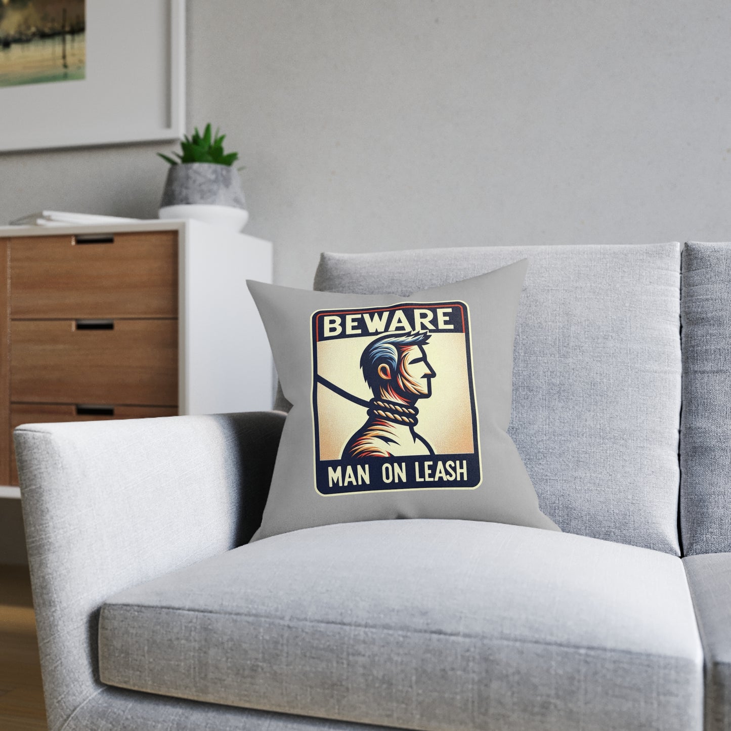 Beware Man On Leash (Gray) - Square Pillow