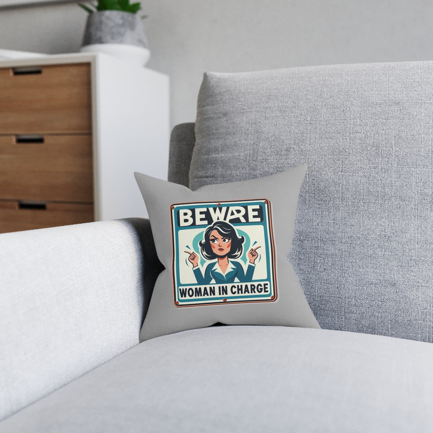Beware Woman In Charge (Retro 70s - Light Gray) - Square Pillow