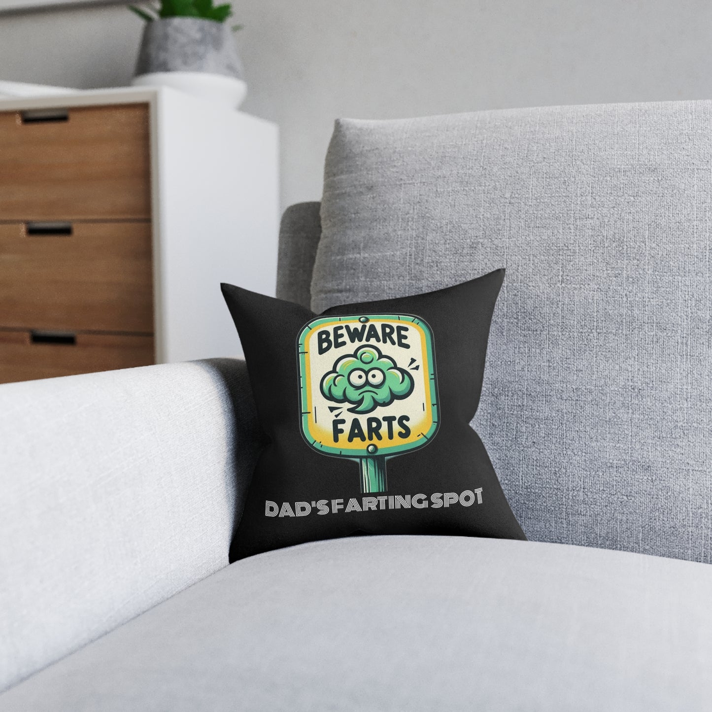 Beware Farts Dad's Farting Spot (Black) - Square Pillow