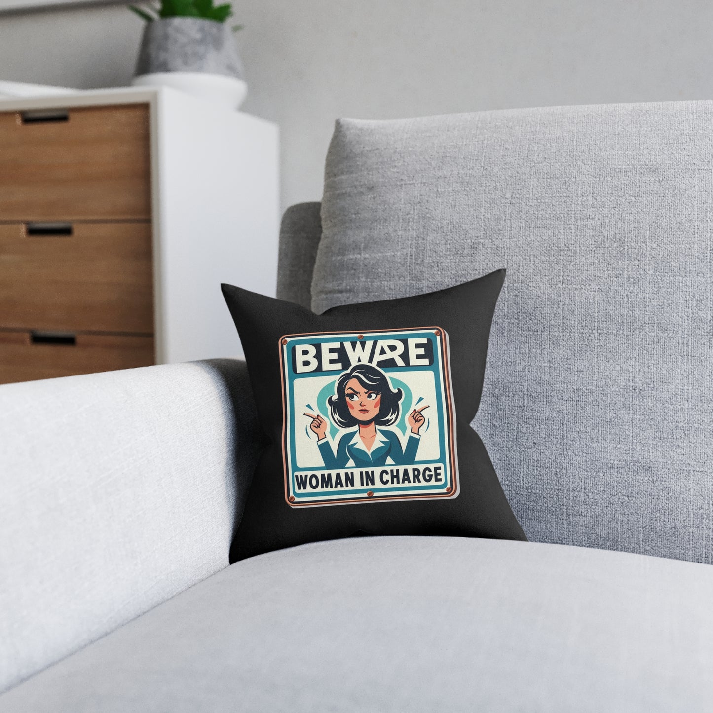 Beware Woman In Charge (Retro 70s - Black) - Square Pillow