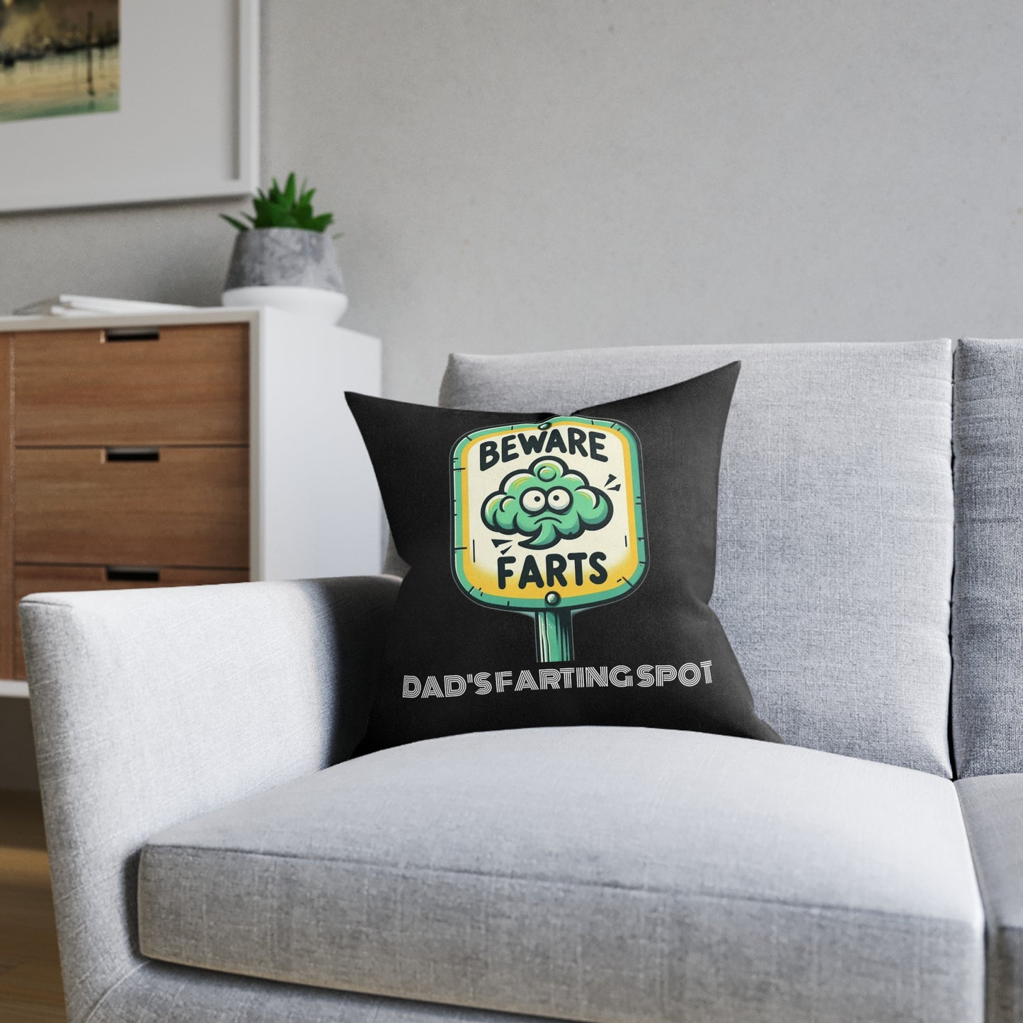 Beware Farts Dad's Farting Spot (Black) - Square Pillow