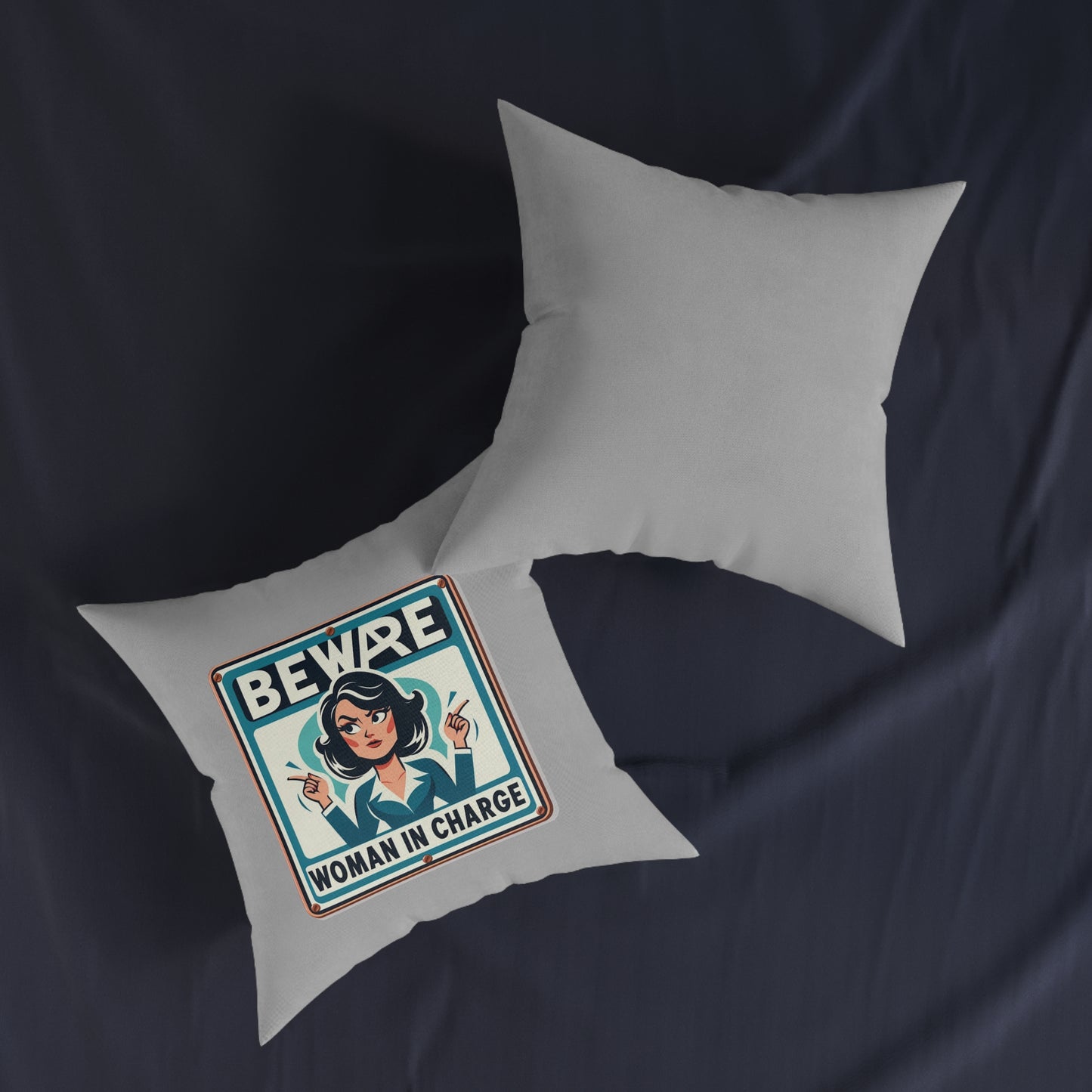 Beware Woman In Charge (Retro 70s - Light Gray) - Square Pillow