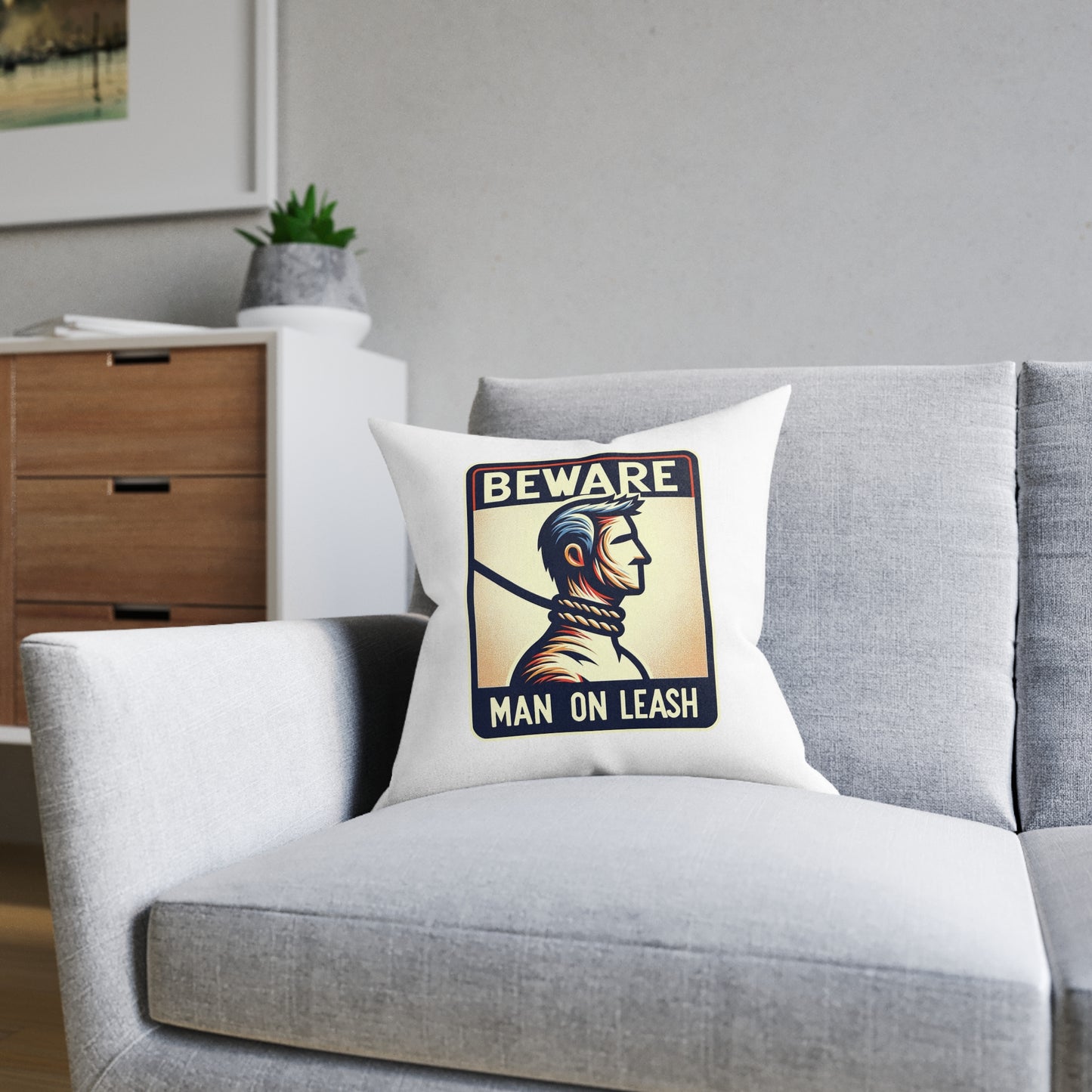 Beware Man On Leash (White) - Square Pillow