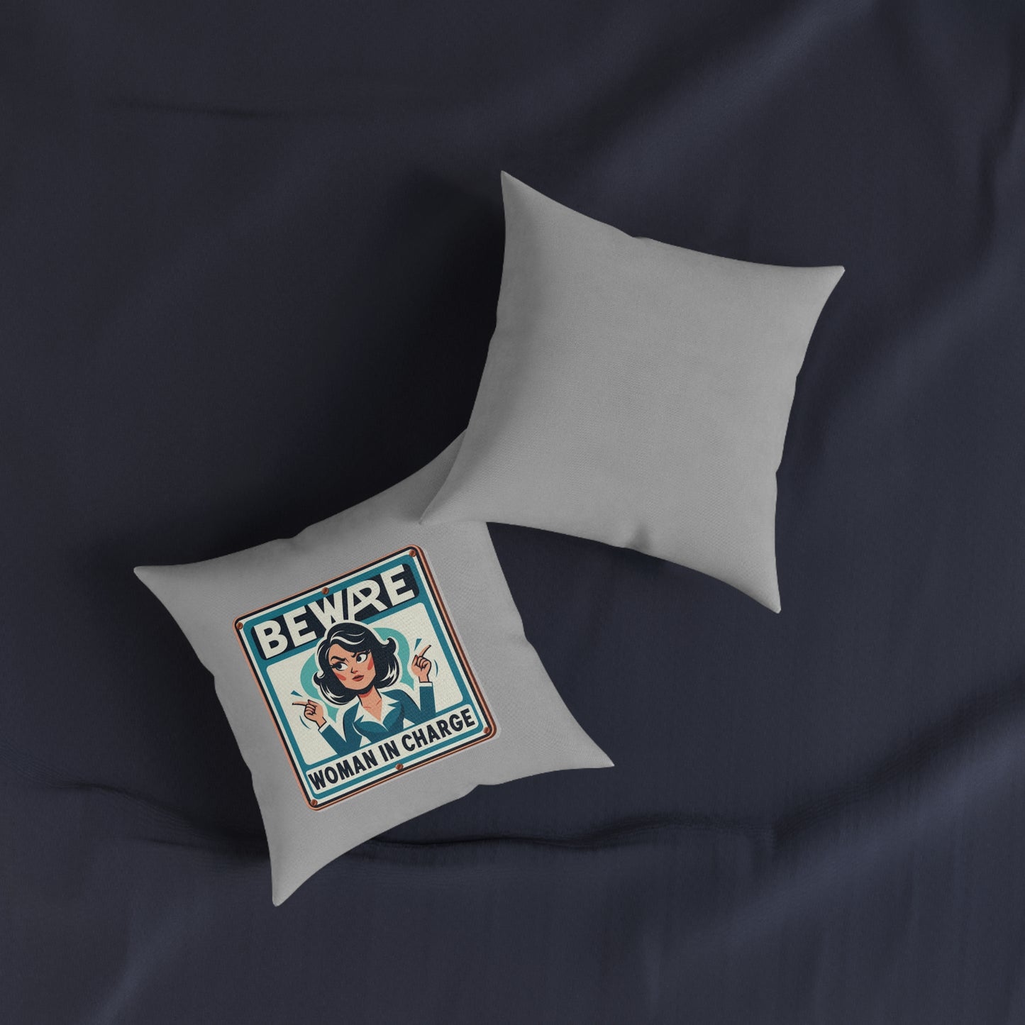 Beware Woman In Charge (Retro 70s - Light Gray) - Square Pillow