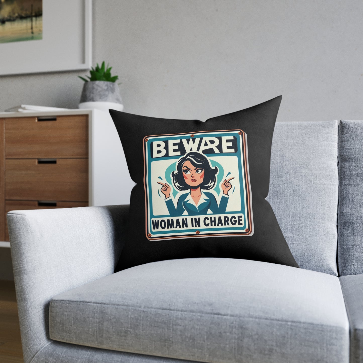 Beware Woman In Charge (Retro 70s - Black) - Square Pillow
