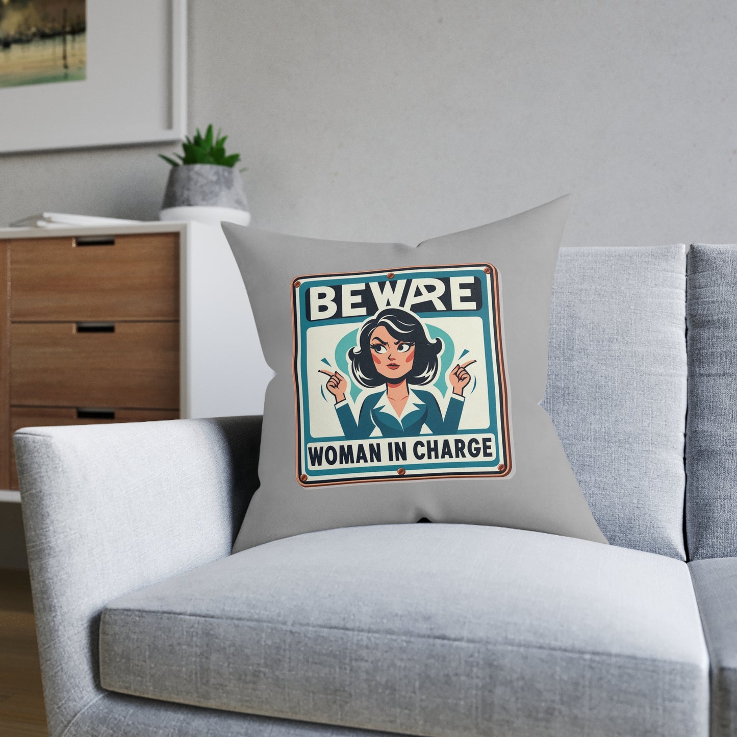 Beware Woman In Charge (Retro 70s - Light Gray) - Square Pillow