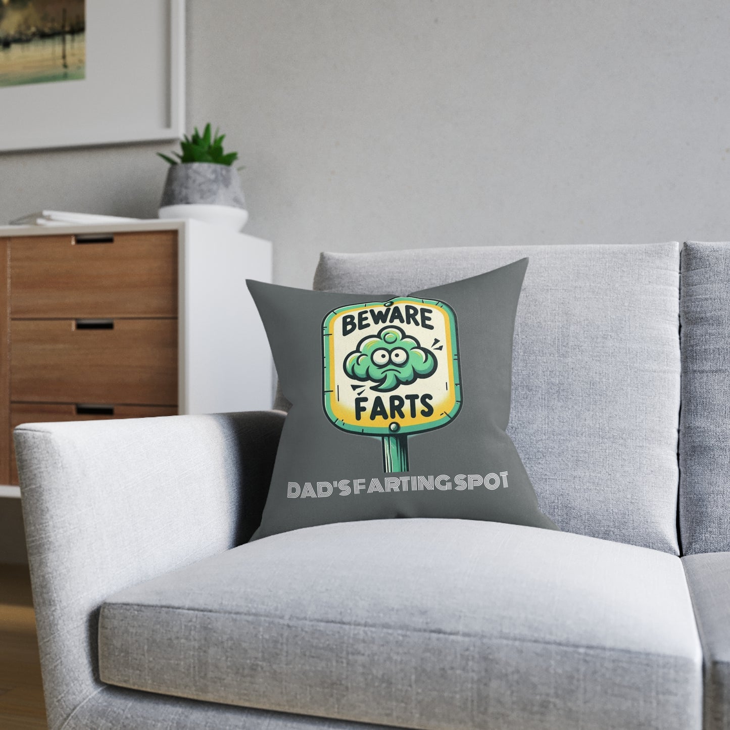 Beware Farts Dad's Farting Spot (Dark Gray) - Square Pillow
