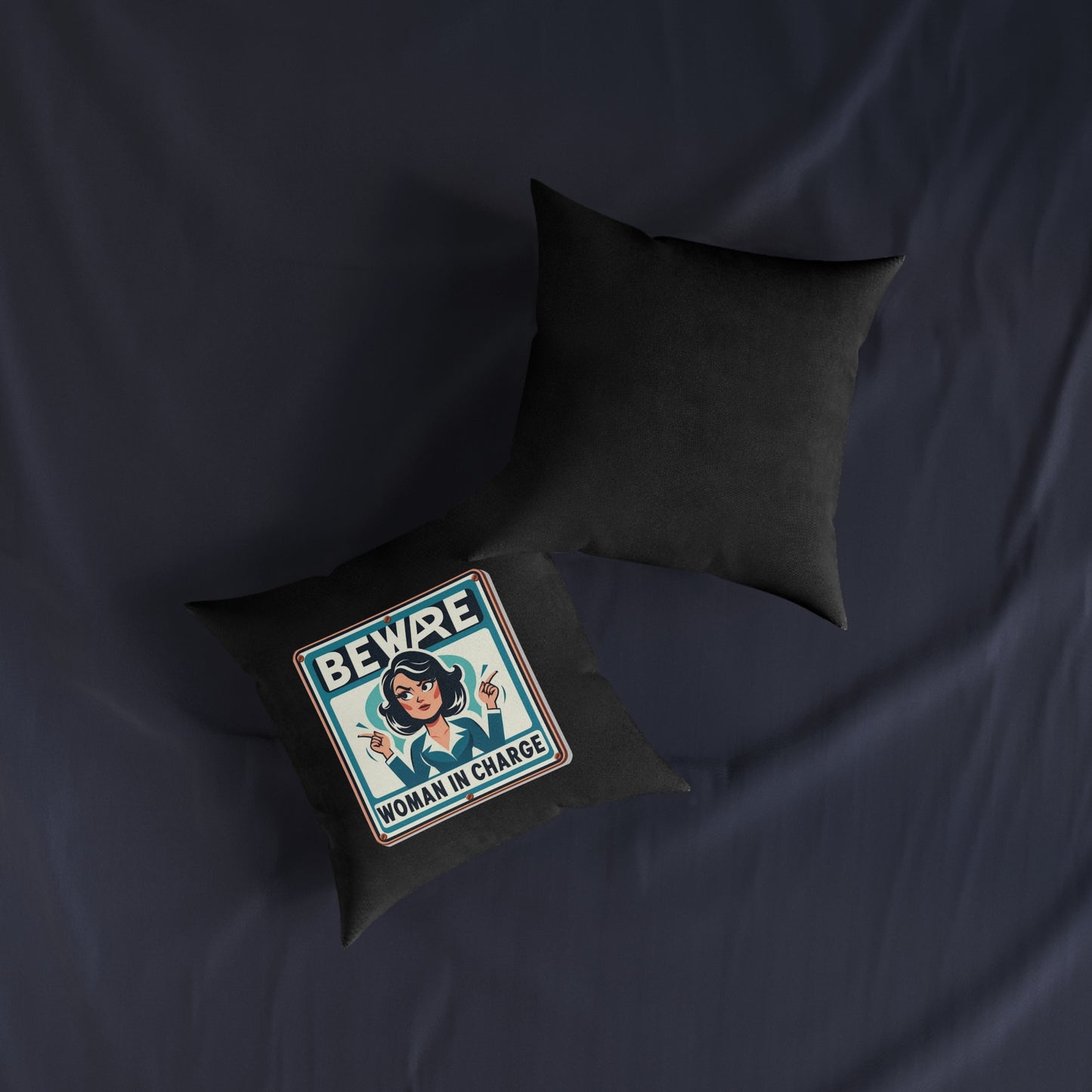 Beware Woman In Charge (Retro 70s - Black) - Square Pillow