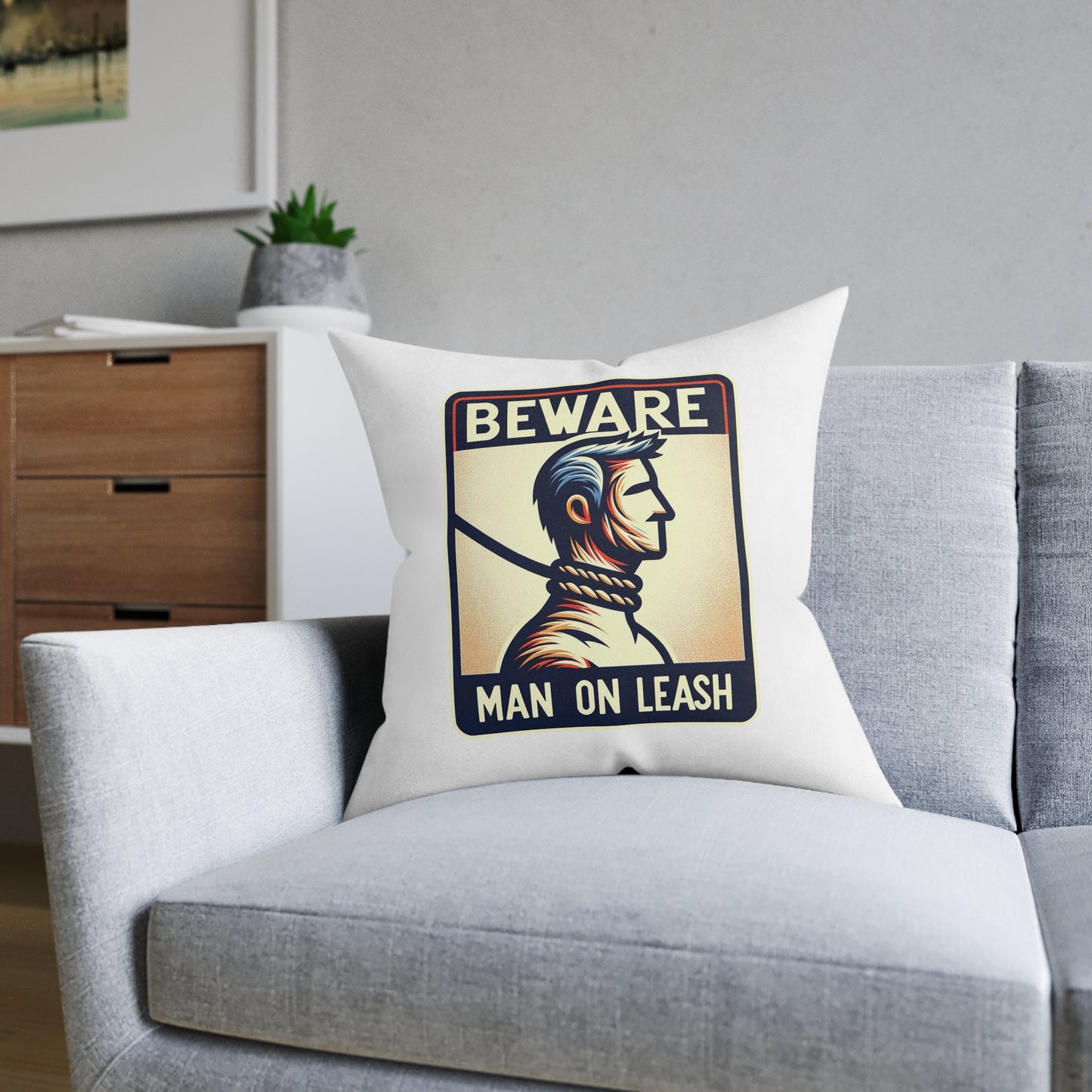 Beware Man On Leash (White) - Square Pillow