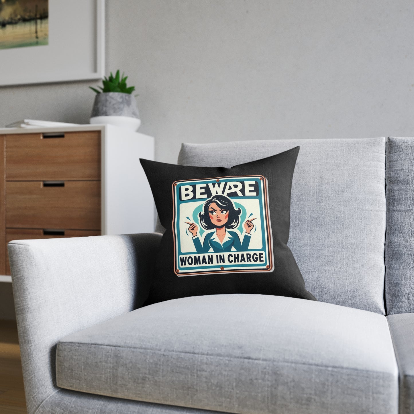 Beware Woman In Charge (Retro 70s - Black) - Square Pillow