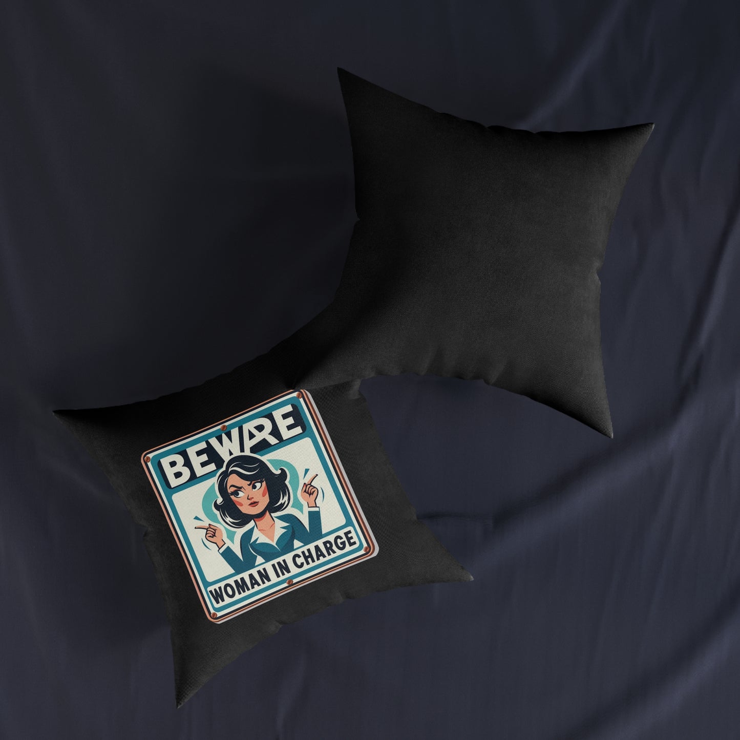 Beware Woman In Charge (Retro 70s - Black) - Square Pillow
